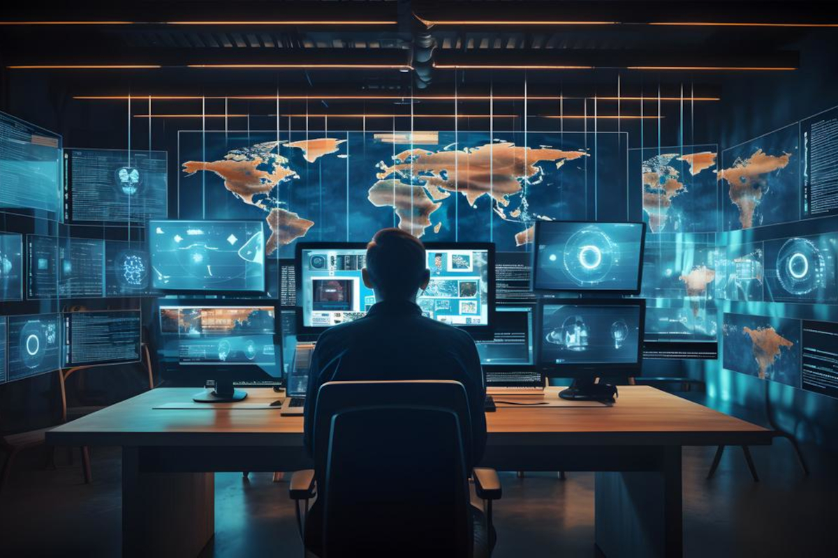A person sits at a desk surrounded by multiple screens displaying digital maps and data, evoking a high-tech, analytical environment.