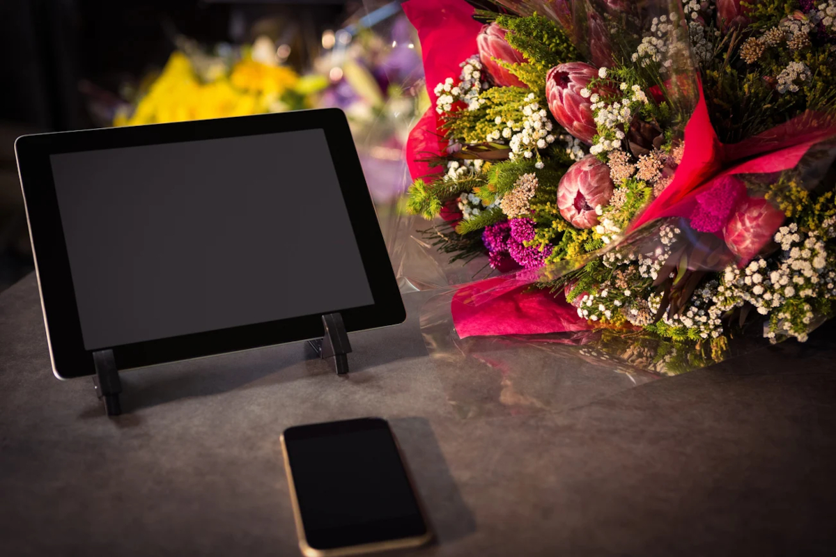 Tablet and phone on a table next to flowers